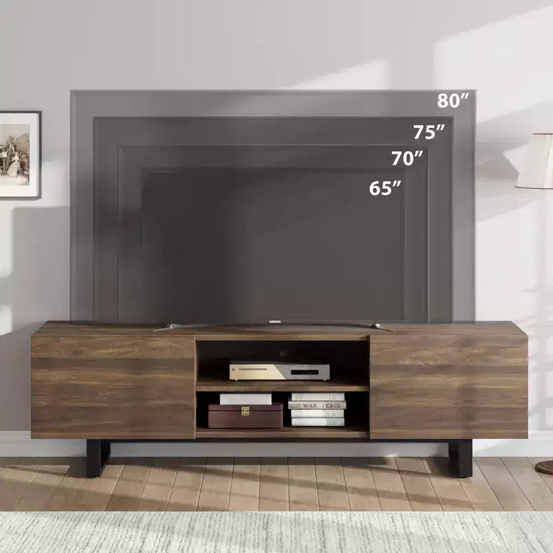 Industrial TV Stand for 75 Inch, Natural Entertainment Center with 2 Drawers and Heavy Duty Support Leg, Wooden Media Cabinet TV Console Table