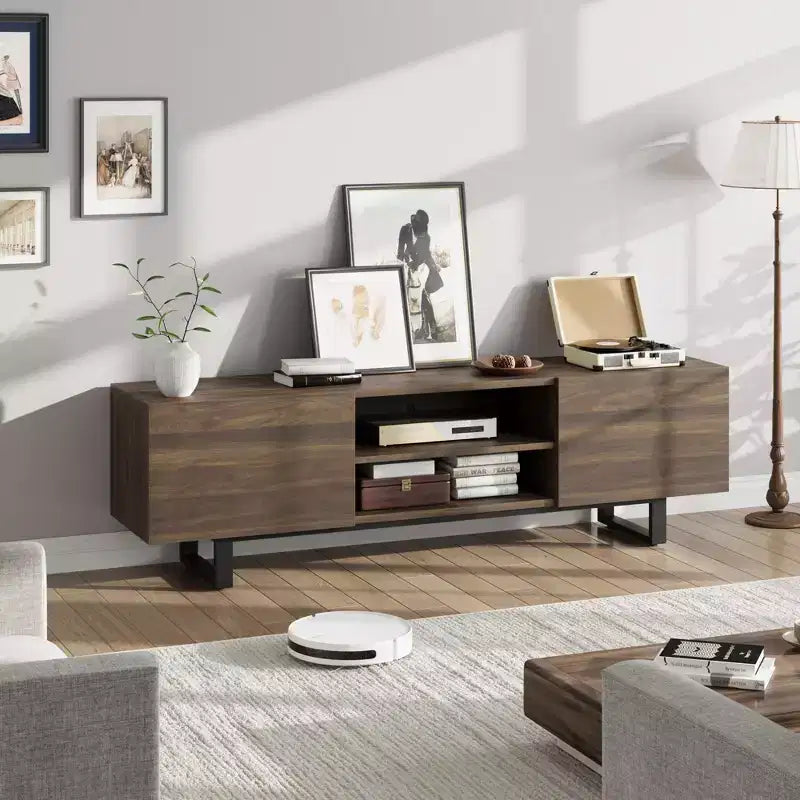 Industrial TV Stand for 75 Inch, Natural Entertainment Center with 2 Drawers and Heavy Duty Support Leg, Wooden Media Cabinet TV Console Table
