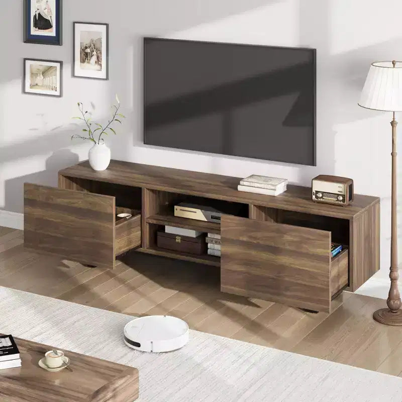 Industrial TV Stand for 75 Inch, Natural Entertainment Center with 2 Drawers and Heavy Duty Support Leg, Wooden Media Cabinet TV Console Table