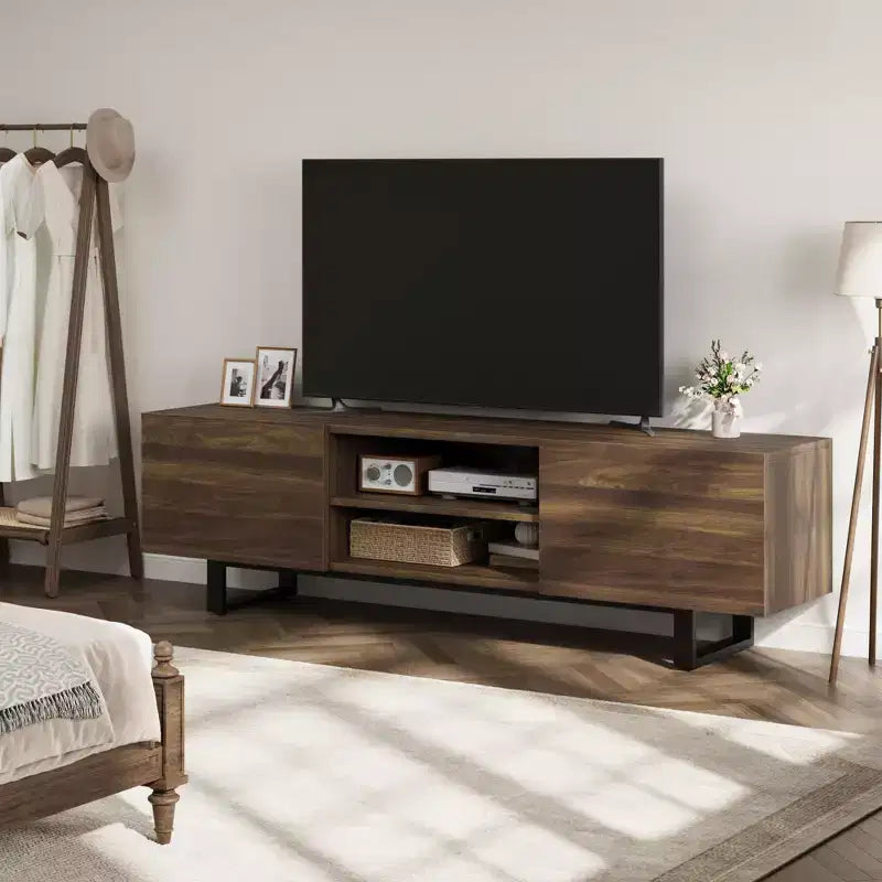 Industrial TV Stand for 75 Inch, Natural Entertainment Center with 2 Drawers and Heavy Duty Support Leg, Wooden Media Cabinet TV Console Table