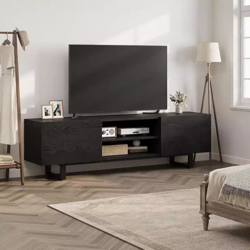 Industrial TV Stand for 75 Inch, Natural Entertainment Center with 2 Drawers and Heavy Duty Support Leg, Wooden Media Cabinet TV Console Table