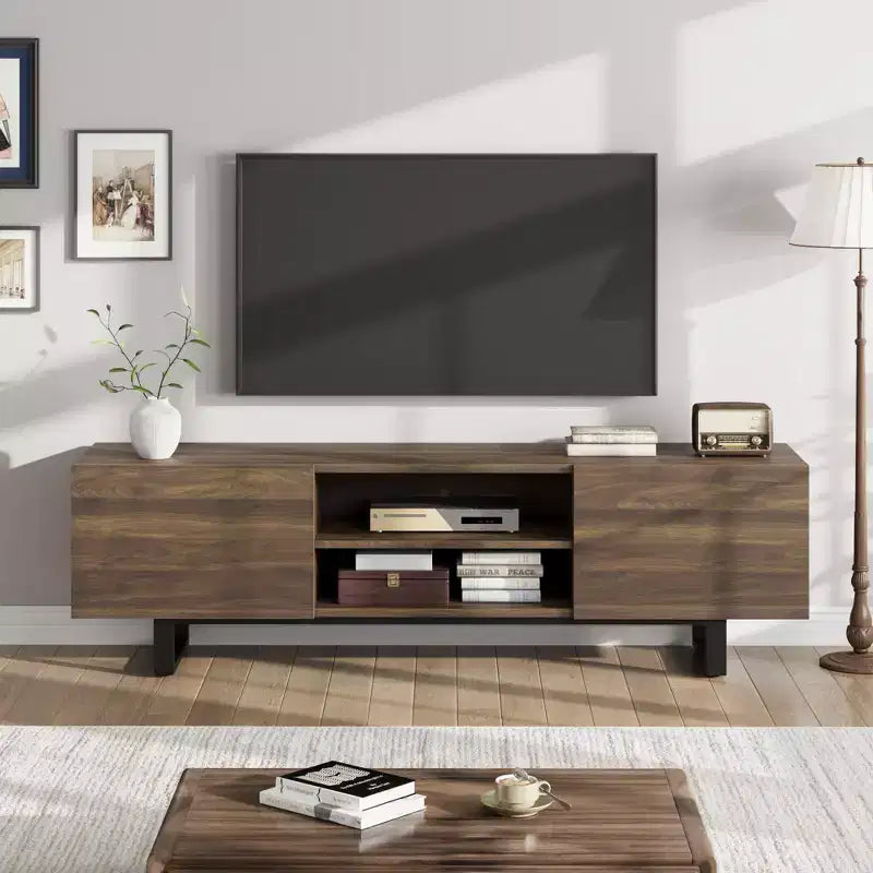 Industriële tv-standaard voor 75 inch, natuurlijk entertainmentcentrum met 2 laden en zware ondersteuningspoot, houten mediakast tv-console tafel