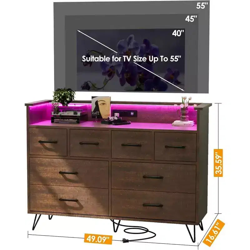 8-Schubladen Kommode TV-Ständer mit Ladestation - Schwarzes Aufbewahrungs-Entertainment-Center für Schlafzimmer & Wohnzimmer