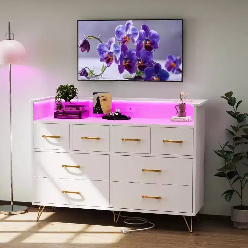 8 fiókos komód TV állvánnyal és töltőállomással - fekete tároló szórakoztató központ hálószobába és nappaliba