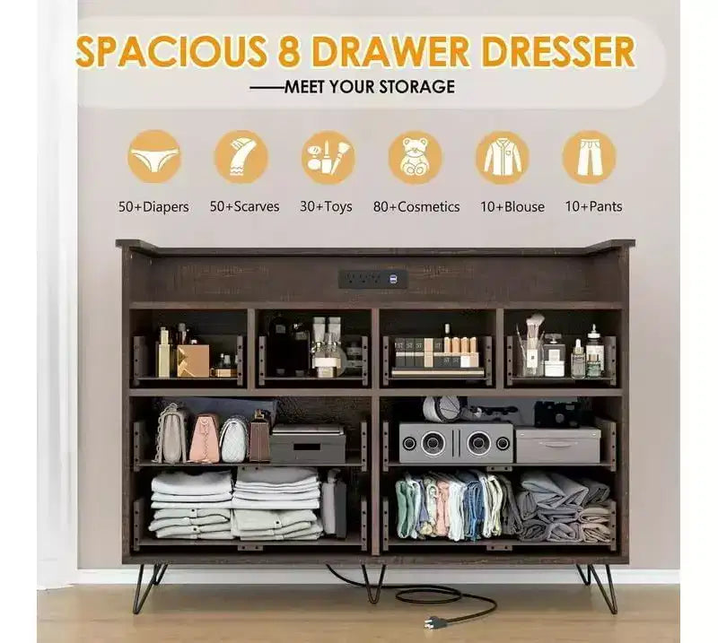 8-Schubladen Kommode TV-Ständer mit Ladestation - Schwarzes Aufbewahrungs-Entertainment-Center für Schlafzimmer & Wohnzimmer