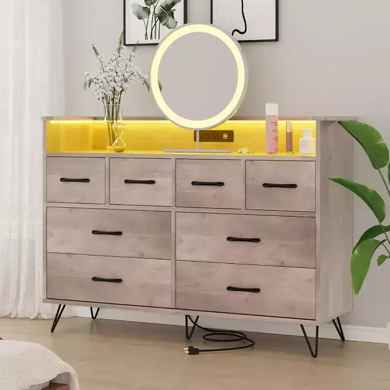 8-Schubladen Kommode TV-Ständer mit Ladestation - Schwarzes Aufbewahrungs-Entertainment-Center für Schlafzimmer & Wohnzimmer