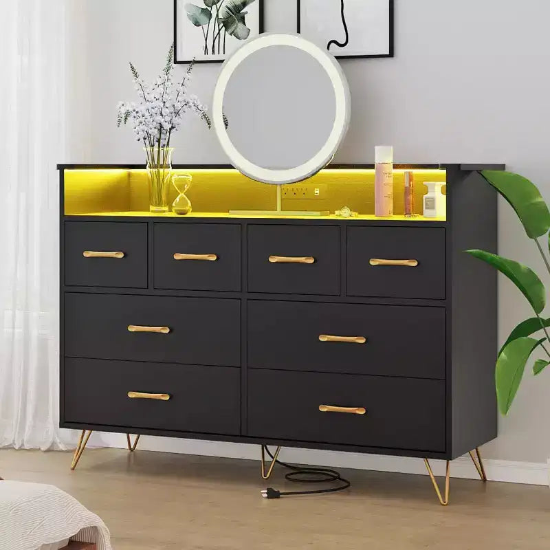 8-Schubladen Kommode TV-Ständer mit Ladestation - Schwarzes Aufbewahrungs-Entertainment-Center für Schlafzimmer & Wohnzimmer