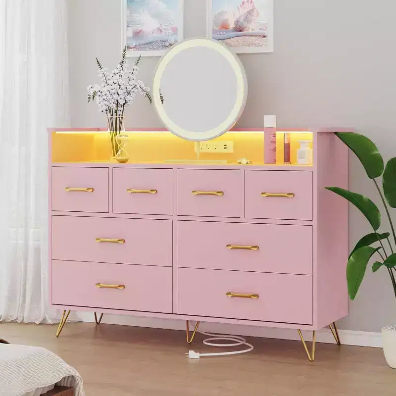8-Schubladen Kommode TV-Ständer mit Ladestation - Schwarzes Aufbewahrungs-Entertainment-Center für Schlafzimmer & Wohnzimmer