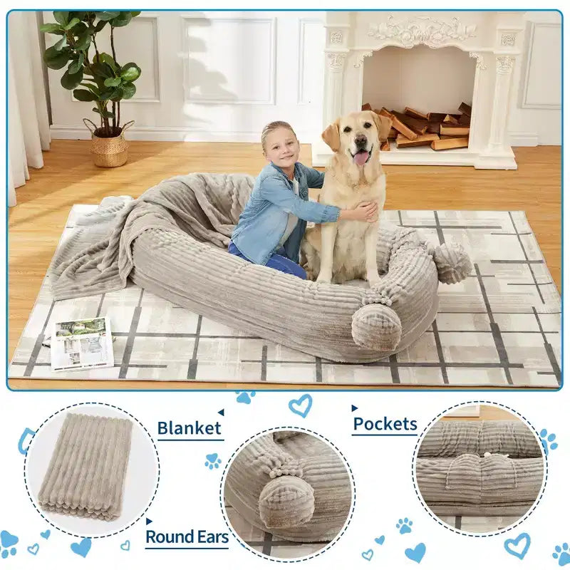 Menschliches Hundebett, 71''x45''x12'' großes Hundebett mit Decke, Aufbewahrungstaschen, tragbarer Griff, abnehmbarer Bezug, Haustierbett in Menschengröße für Erwachsene