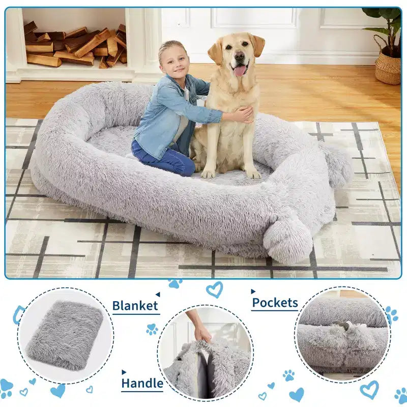 Menschliches Hundebett, 71''x45''x12'' großes Hundebett mit Decke, Aufbewahrungstaschen, tragbarer Griff, abnehmbarer Bezug, Haustierbett in Menschengröße für Erwachsene