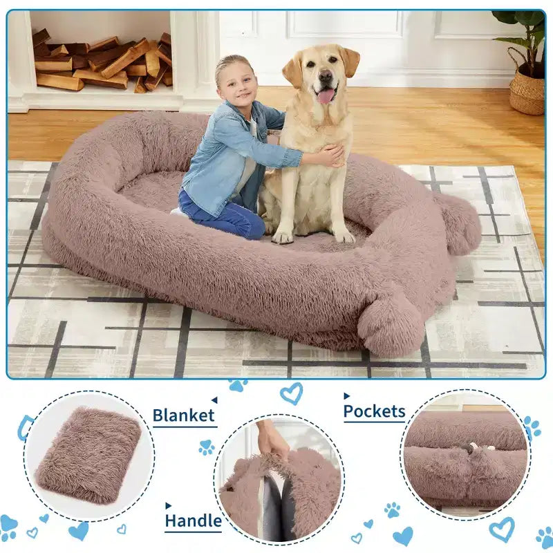 Menschliches Hundebett, 71''x45''x12'' großes Hundebett mit Decke, Aufbewahrungstaschen, tragbarer Griff, abnehmbarer Bezug, Haustierbett in Menschengröße für Erwachsene