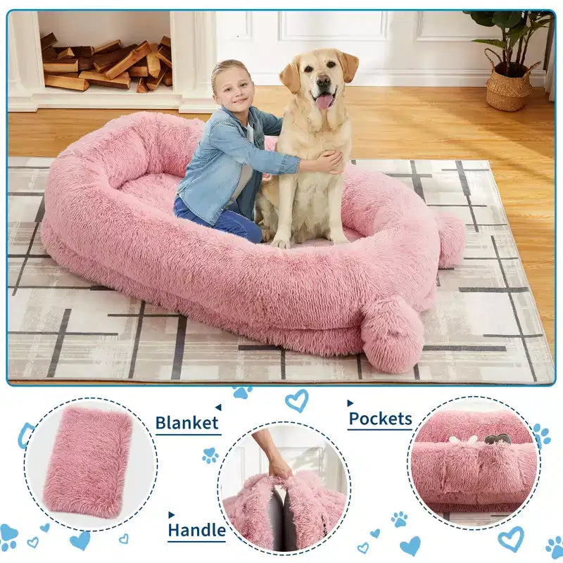 Menschliches Hundebett, 71''x45''x12'' großes Hundebett mit Decke, Aufbewahrungstaschen, tragbarer Griff, abnehmbarer Bezug, Haustierbett in Menschengröße für Erwachsene