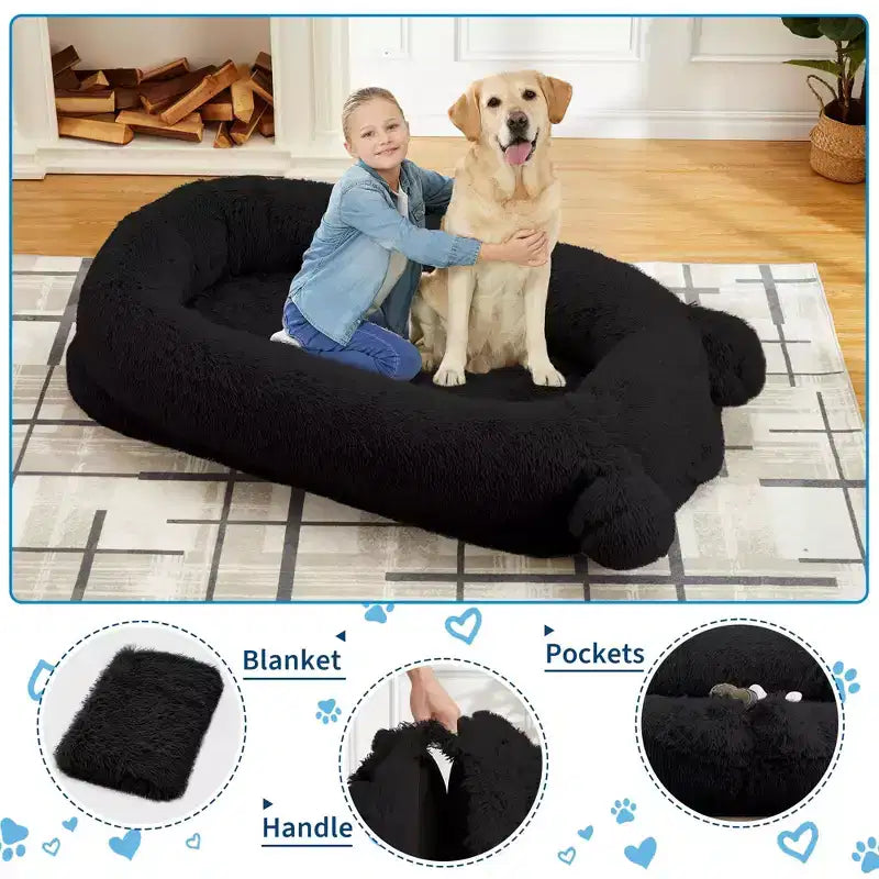Human Dog Bed, 71''x45''x12'' Large Dog Bed with Blanket, Storage Pockets, Portable Handle, Removable Cover, Human Size Pet Bed for Adult