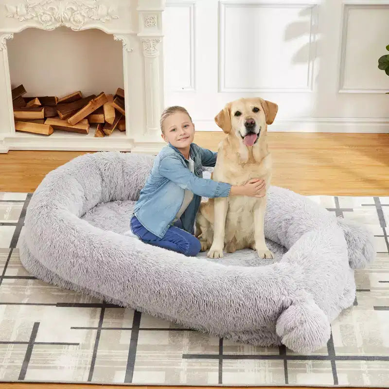 Human Dog Bed, 71''x45''x12'' Large Dog Bed with Blanket, Storage Pockets, Portable Handle, Removable Cover, Human Size Pet Bed for Adult