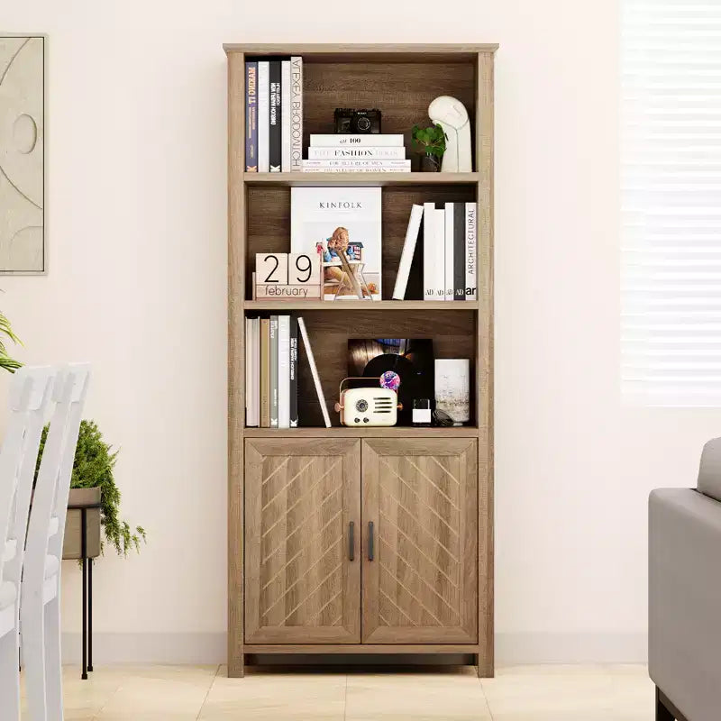 3-Tier Bookshelf, 70'' Tall Bookcase with Doors, Farmhouse Storage Cabinet with Adjustable Shelf and Stable Leg, Floor Standing Display Bookshelves