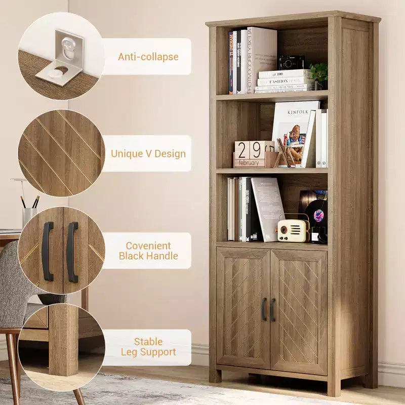3-tasoinen kirjahylly, 70" korkea kirjahylly ovilla, maatilatyylinen säilytyskaappi säädettävällä hyllyllä ja tukevilla jaloilla, lattialla seisova näyttökirjahylly
