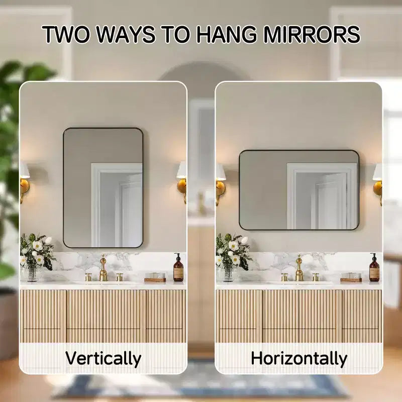 Mat Banyo Aynası, Lavabo Üstü İçin Yuvarlatılmış Dikdörtgen Makyaj Aynası, Duvar Aynası, HD Temperli Cam ve Paslanmaz Alüminyum Çerçeve