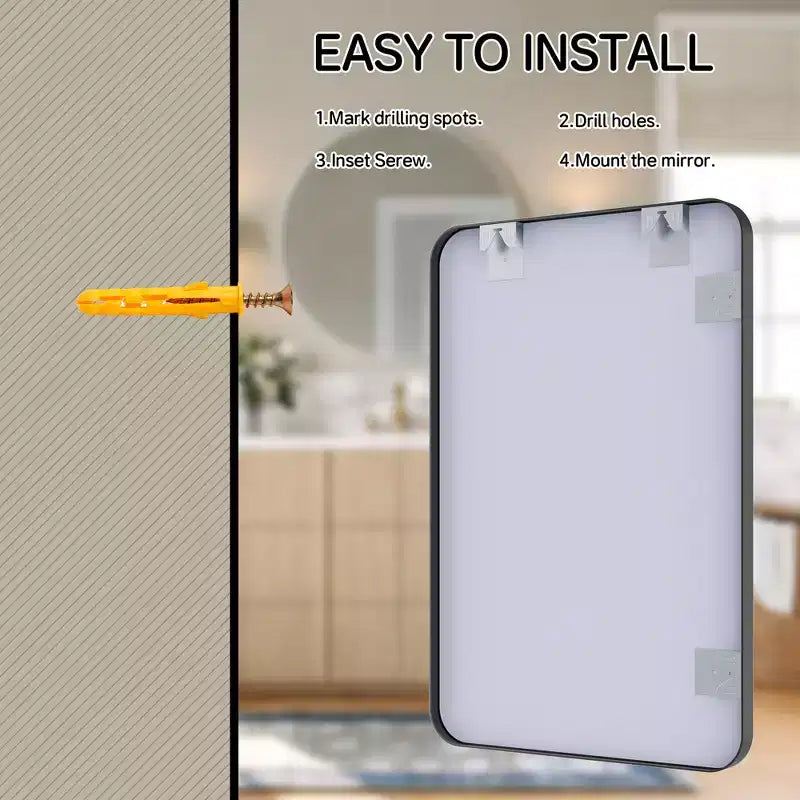 Mat Banyo Aynası, Lavabo Üstü İçin Yuvarlatılmış Dikdörtgen Makyaj Aynası, Duvar Aynası, HD Temperli Cam ve Paslanmaz Alüminyum Çerçeve