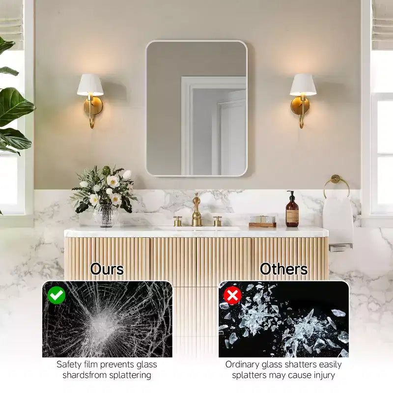Mat Banyo Aynası, Lavabo Üstü İçin Yuvarlatılmış Dikdörtgen Makyaj Aynası, Duvar Aynası, HD Temperli Cam ve Paslanmaz Alüminyum Çerçeve