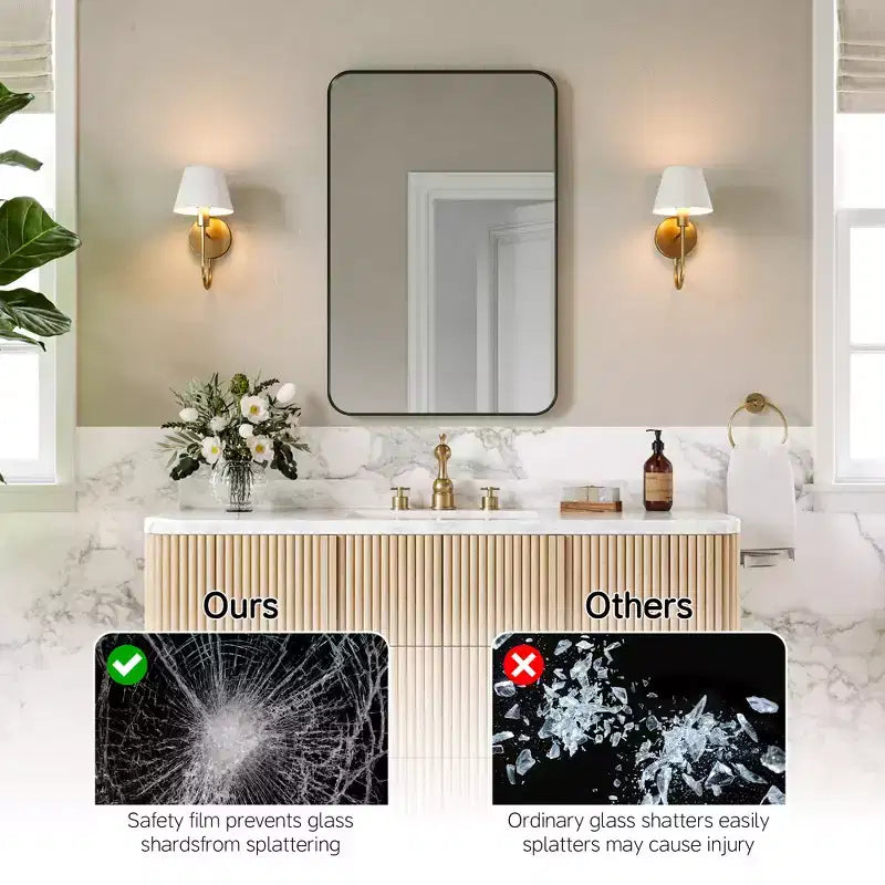 Mat Banyo Aynası, Lavabo Üstü İçin Yuvarlatılmış Dikdörtgen Makyaj Aynası, Duvar Aynası, HD Temperli Cam ve Paslanmaz Alüminyum Çerçeve