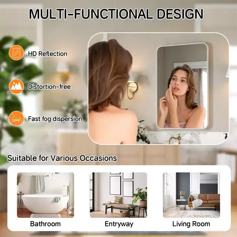 Mat Banyo Aynası, Lavabo Üstü İçin Yuvarlatılmış Dikdörtgen Makyaj Aynası, Duvar Aynası, HD Temperli Cam ve Paslanmaz Alüminyum Çerçeve