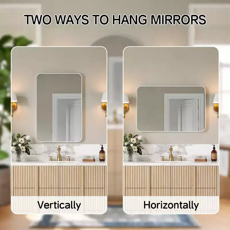 Mat Banyo Aynası, Lavabo Üstü İçin Yuvarlatılmış Dikdörtgen Makyaj Aynası, Duvar Aynası, HD Temperli Cam ve Paslanmaz Alüminyum Çerçeve
