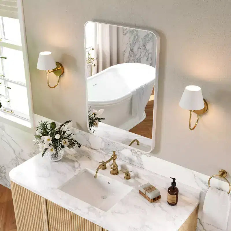 Mat Banyo Aynası, Lavabo Üstü İçin Yuvarlatılmış Dikdörtgen Makyaj Aynası, Duvar Aynası, HD Temperli Cam ve Paslanmaz Alüminyum Çerçeve