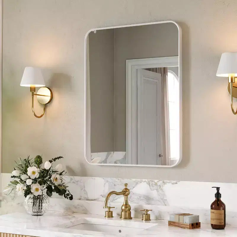 Mat Banyo Aynası, Lavabo Üstü İçin Yuvarlatılmış Dikdörtgen Makyaj Aynası, Duvar Aynası, HD Temperli Cam ve Paslanmaz Alüminyum Çerçeve