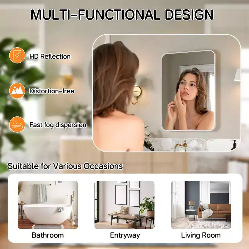 Mat Banyo Aynası, Lavabo Üstü İçin Yuvarlatılmış Dikdörtgen Makyaj Aynası, Duvar Aynası, HD Temperli Cam ve Paslanmaz Alüminyum Çerçeve