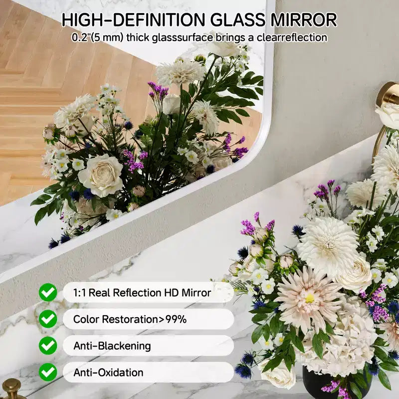 Mat Banyo Aynası, Lavabo Üstü İçin Yuvarlatılmış Dikdörtgen Makyaj Aynası, Duvar Aynası, HD Temperli Cam ve Paslanmaz Alüminyum Çerçeve