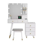 Tavolo da trucco in truciolato rivestito in lino bianco con gambe in legno massello e rifiniture in ottone, pannello LED a tre tonalità
