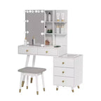 Tavolo da trucco in truciolato rivestito in lino bianco con gambe in legno massello e rifiniture in ottone, pannello LED a tre tonalità
