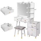 Tavolo da trucco in truciolato rivestito in lino bianco con gambe in legno massello e rifiniture in ottone, pannello LED a tre tonalità