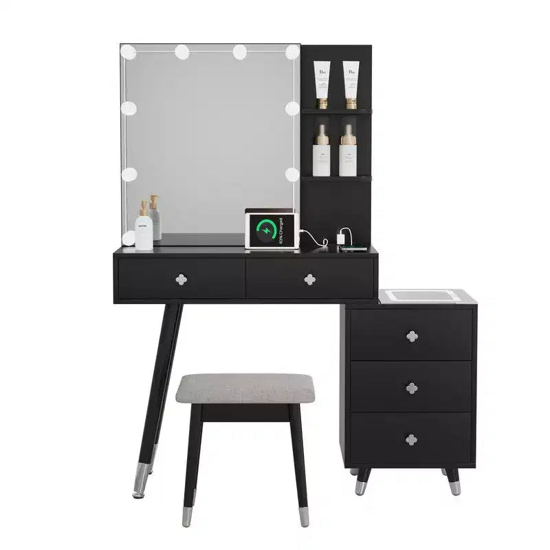 White Linen Particleboard Veneered with Solid Wood Legs with Brass Bushing Trim with LED Tri-tone Panel Vanity Table Set