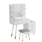 Tavolo da trucco in truciolato rivestito in lino bianco con gambe in legno massello e rifiniture in ottone, pannello LED a tre tonalità