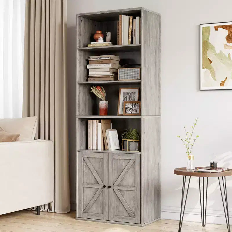 71,4 cm hoher Bauernhaus 6-Regal Holzbuchschrank mit Türen, Industrielle Vitrine für Schlafzimmer, Wohnzimmer & Büro