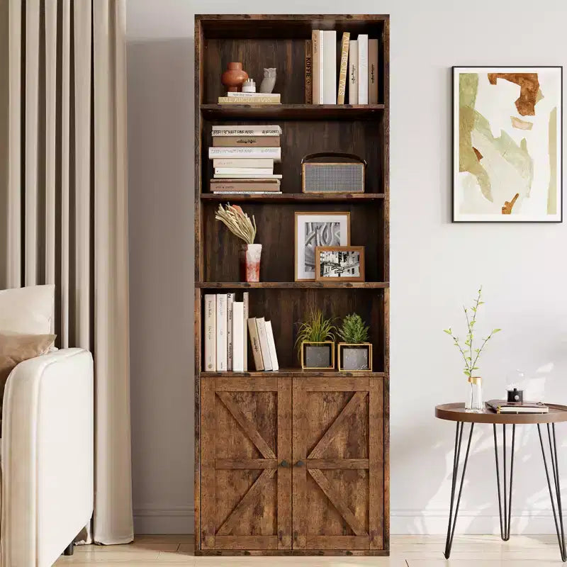 71,4 cm hoher Bauernhaus 6-Regal Holzbuchschrank mit Türen, Industrielle Vitrine für Schlafzimmer, Wohnzimmer & Büro
