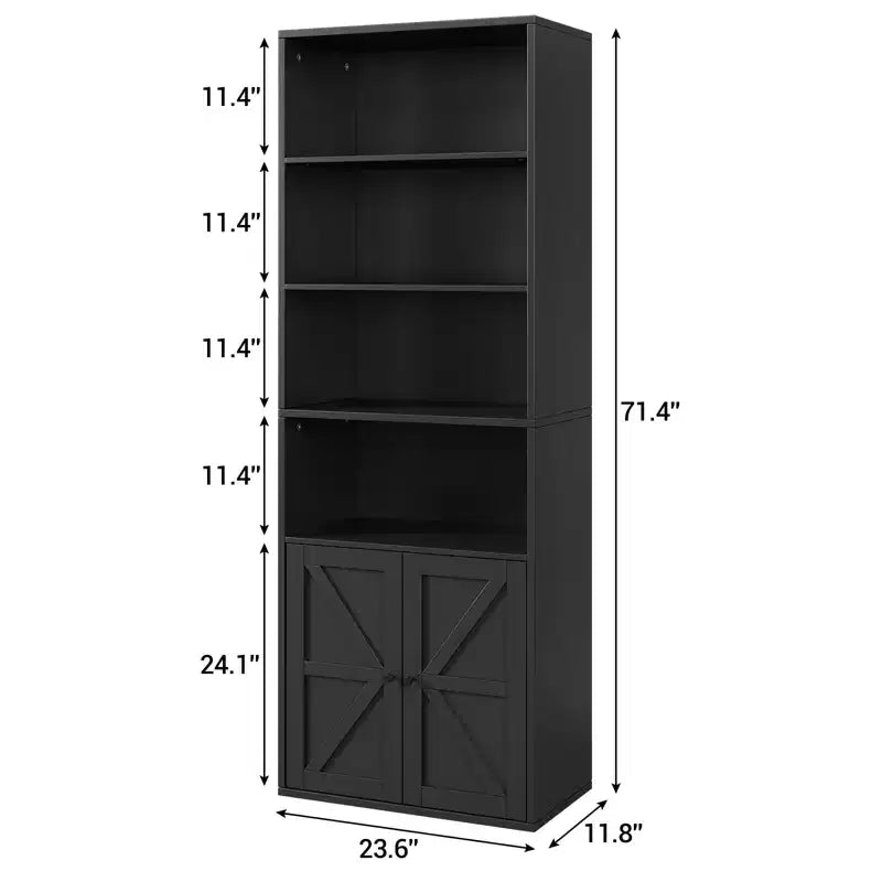 71.4 Tall Farmhouse 6-Shelf Wooden Bookcase with Doors, Industrial Display Storage for Bedroom, Living Room & Office