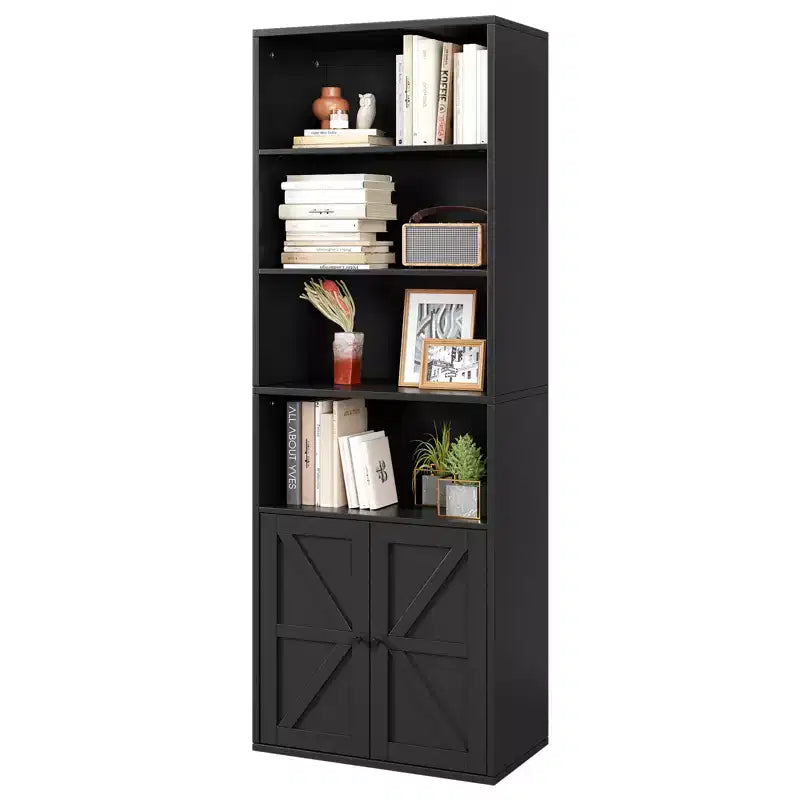 71.4 Tall Farmhouse 6-Shelf Wooden Bookcase with Doors, Industrial Display Storage for Bedroom, Living Room & Office