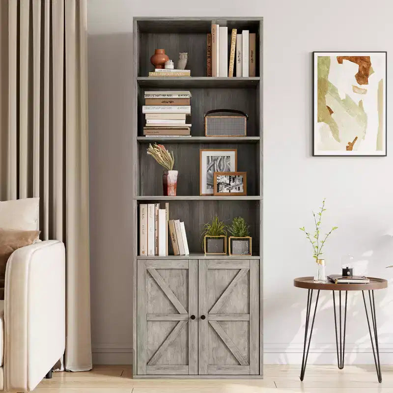 71.4 Tall Farmhouse 6-Shelf Wooden Bookcase with Doors, Industrial Display Storage for Bedroom, Living Room & Office