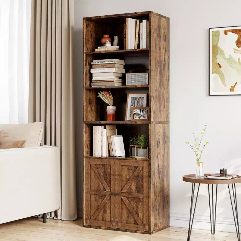 71.4 Tall Farmhouse 6-Shelf Wooden Bookcase with Doors, Industrial Display Storage for Bedroom, Living Room & Office
