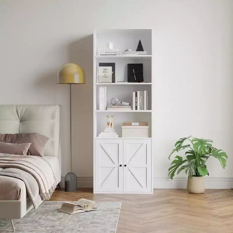 71.4 Tall Farmhouse 6-Shelf Wooden Bookcase with Doors, Industrial Display Storage for Bedroom, Living Room & Office