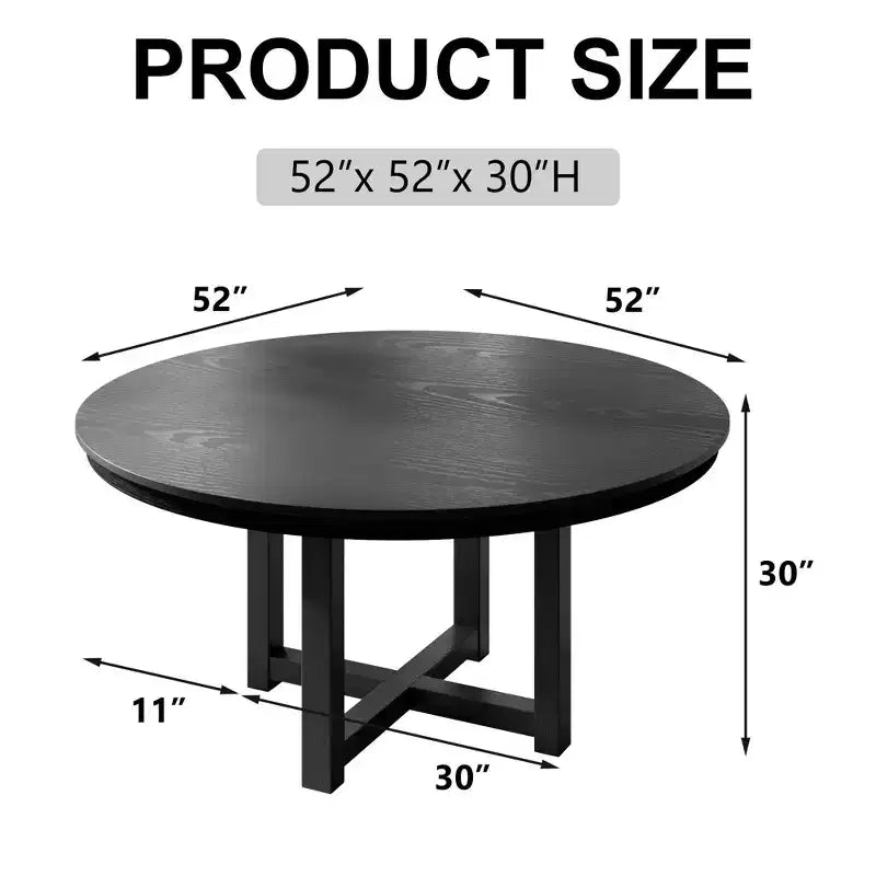 52" Round Solid Wood Farmhouse Dining Table, Cross X Base, Seats 6, Black