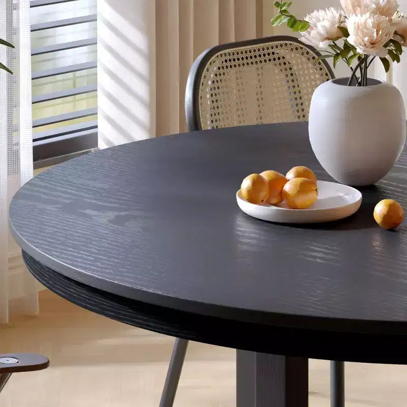 Table à manger ronde en bois massif de ferme de 52", base en croix X, 6 places, noire  