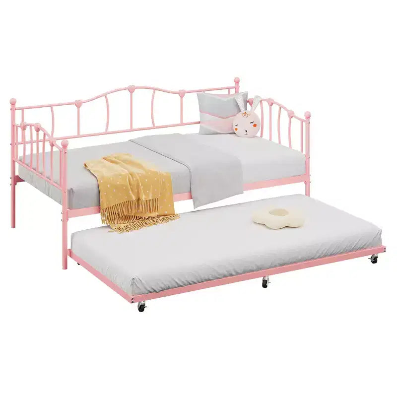 Metall Twin Tagesbett, Twin-Size Tagesbett mit ausziehbarem Bett und Kopfteil, Metallsofabettgestell mit Stahl-Lattenrost für Wohnzimmer, Schlafzimmer