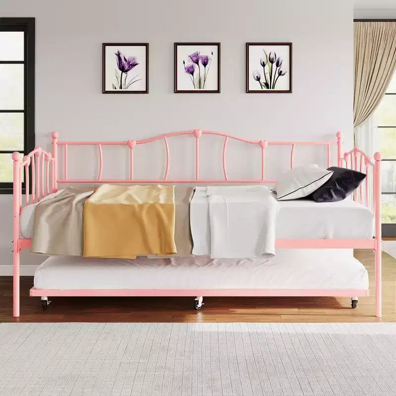 Metall Twin Tagesbett, Twin-Size Tagesbett mit ausziehbarem Bett und Kopfteil, Metallsofabettgestell mit Stahl-Lattenrost für Wohnzimmer, Schlafzimmer