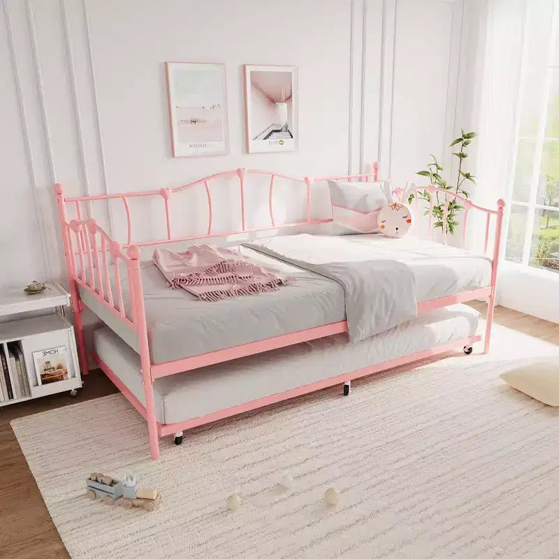 Metall Twin Tagesbett, Twin-Size Tagesbett mit ausziehbarem Bett und Kopfteil, Metallsofabettgestell mit Stahl-Lattenrost für Wohnzimmer, Schlafzimmer