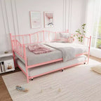 Metall Twin Tagesbett, Twin-Size Tagesbett mit ausziehbarem Bett und Kopfteil, Metallsofabettgestell mit Stahl-Lattenrost für Wohnzimmer, Schlafzimmer