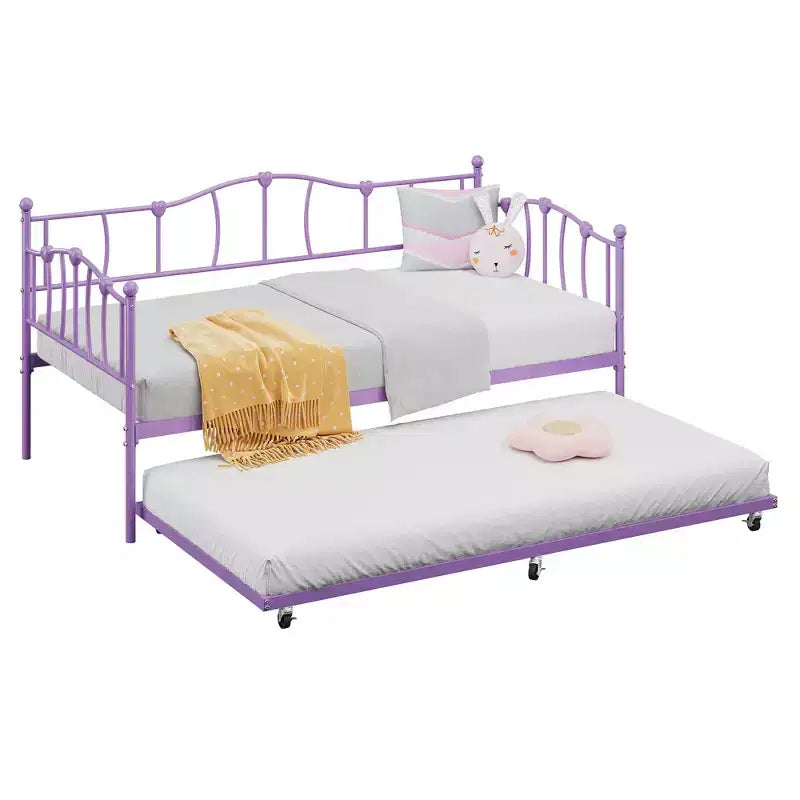 Metall Twin Tagesbett, Twin-Size Tagesbett mit ausziehbarem Bett und Kopfteil, Metallsofabettgestell mit Stahl-Lattenrost für Wohnzimmer, Schlafzimmer