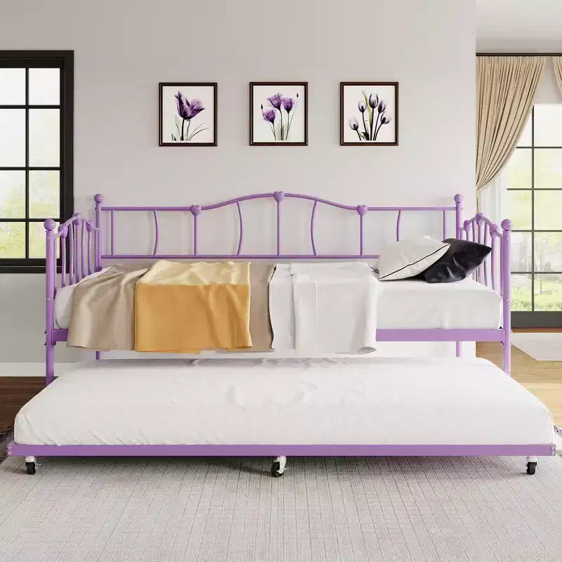 Metall Twin Tagesbett, Twin-Size Tagesbett mit ausziehbarem Bett und Kopfteil, Metallsofabettgestell mit Stahl-Lattenrost für Wohnzimmer, Schlafzimmer